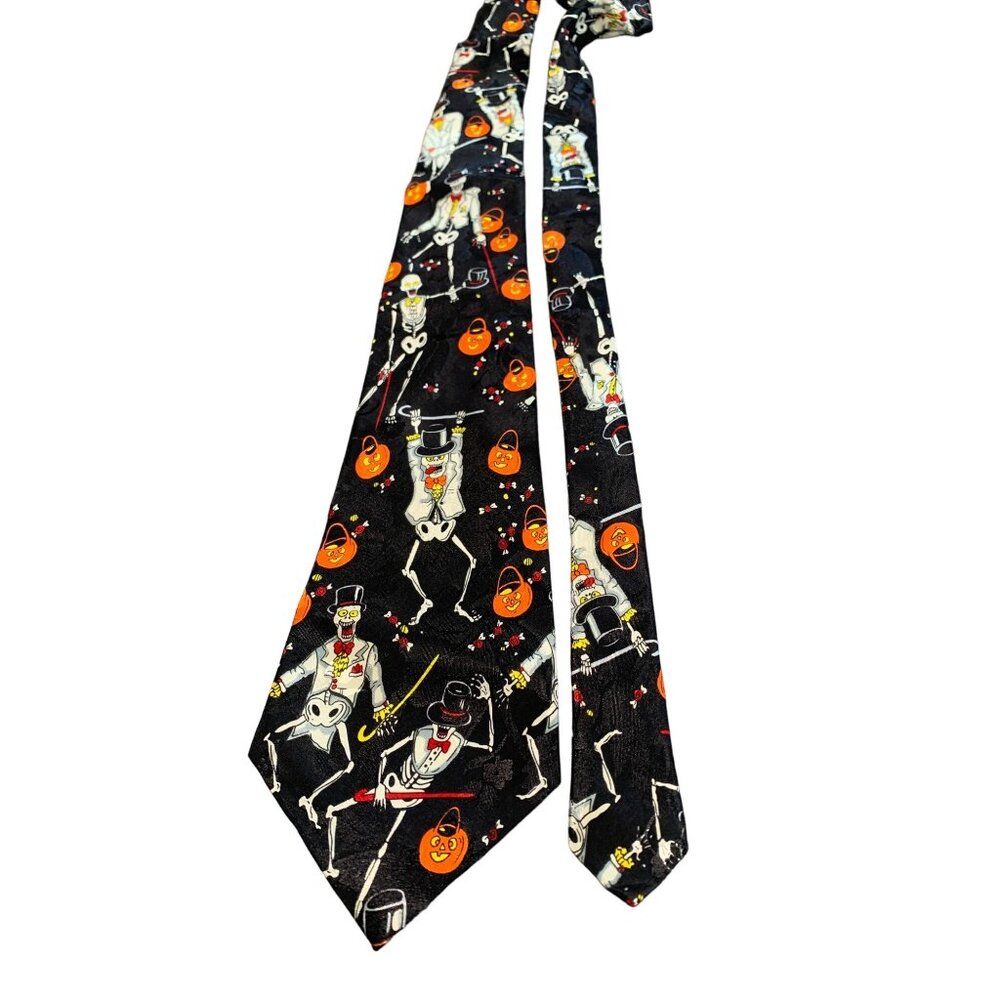 Halloween Collection Novelty Black Tie - Skeleton & Pumpkin Print Necktie 100% P